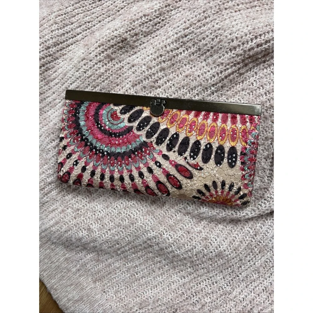 Boho Wallet Embroidered Mandala Design Pink Brown Cool Latch Clutch